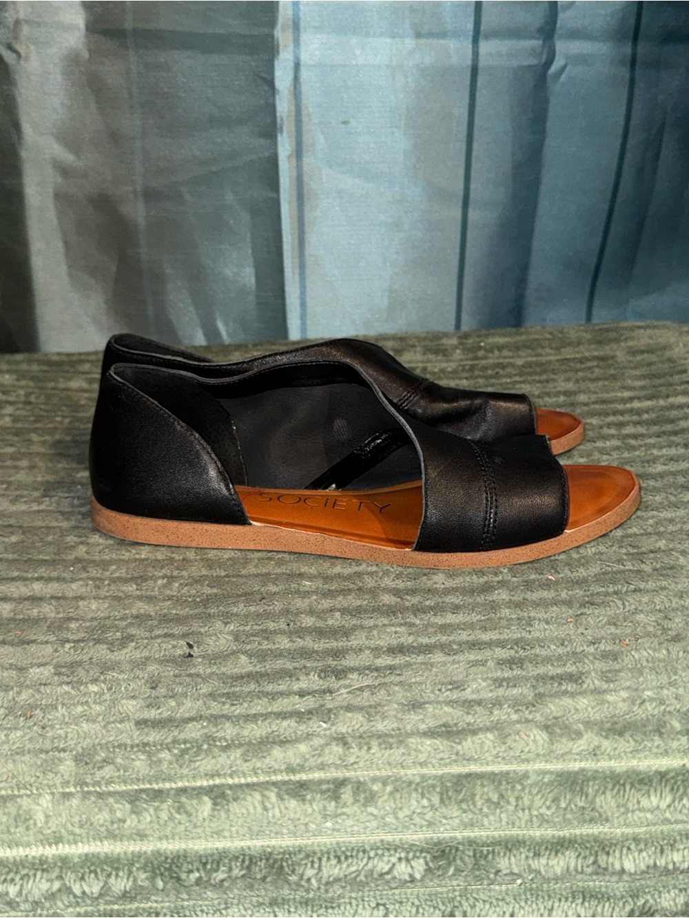 Sole Society Black Open-Toe Flat Sandals with Tan Sole